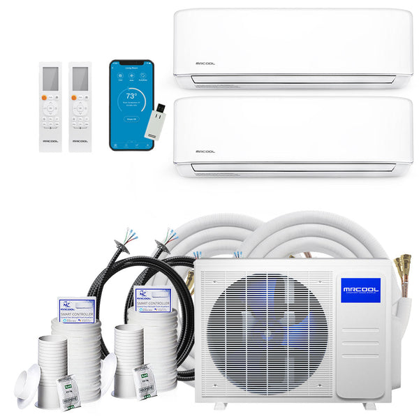 MRCOOL DIY 4th Gen Mini Split - 2-Zone 18,000 BTU Ductless Air Conditioner and Heat Pump with 9K + 9K Air Handlers, 25 Ft. Linesets, and Install Kit
