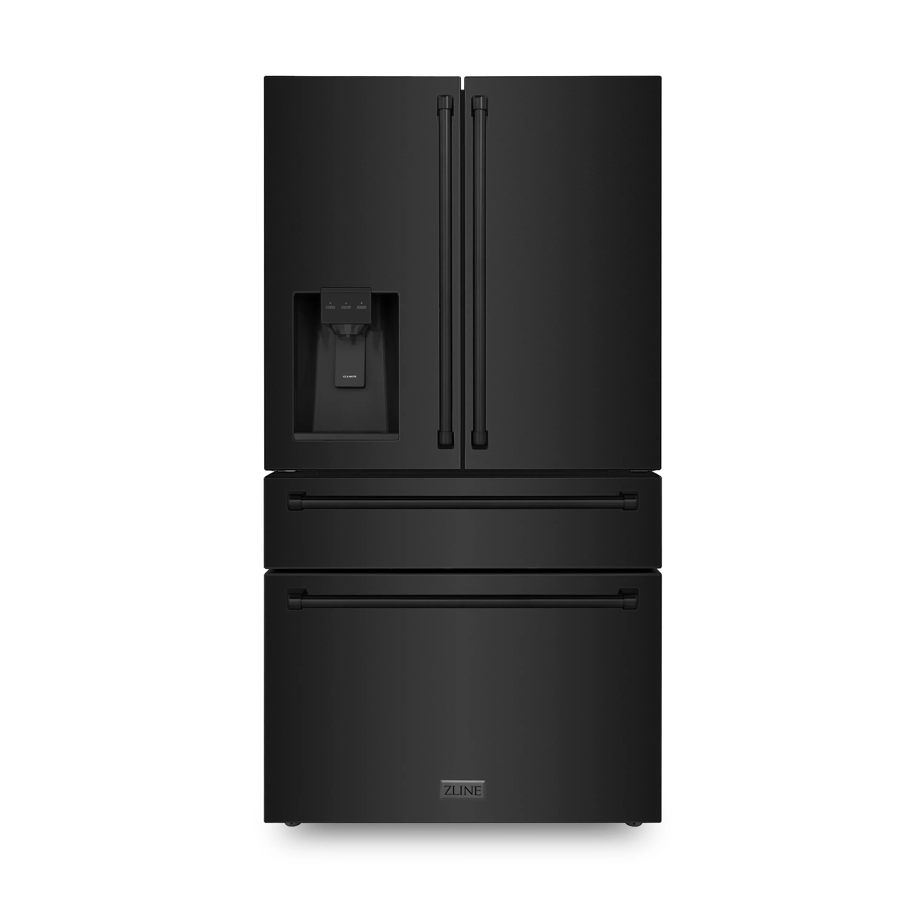 Black stainless steel refrigerator with top freezer and side water dispenser