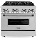 ZLINE 4-Piece Appliance Package - 36-Inch Dual Fuel Range, Refrigerator with Water Dispenser, Convertible Wall Mount Hood, and Microwave Drawer in Stainless Steel (4KPRW-RARH36-MWD)