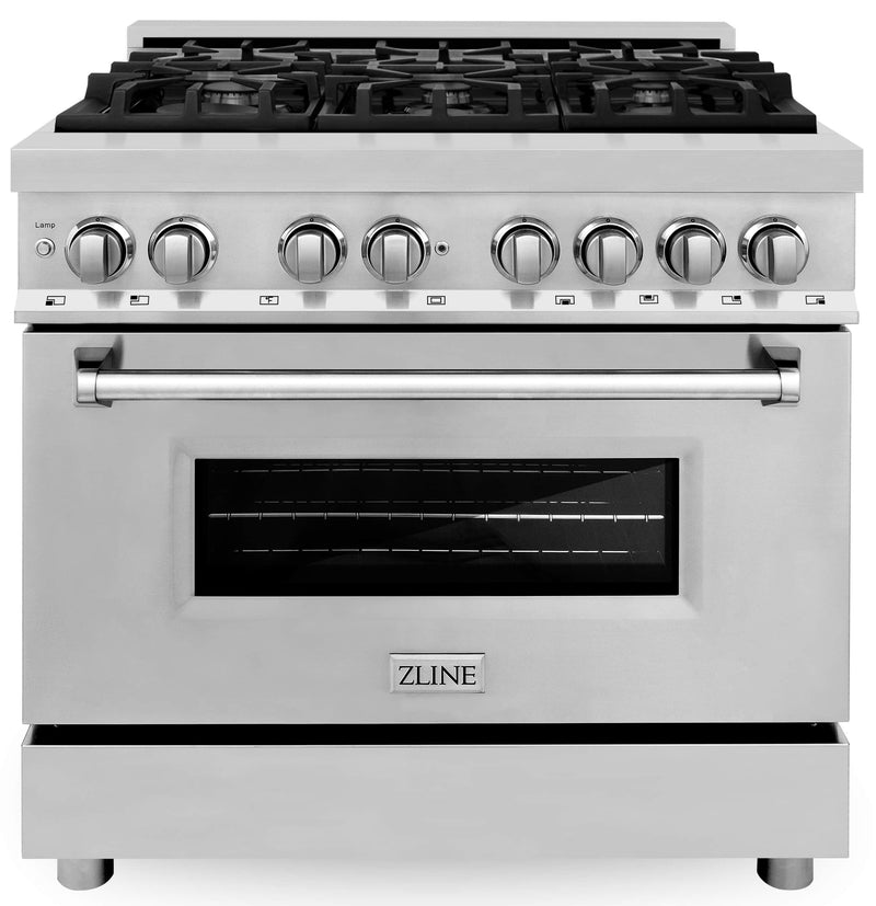 ZLINE 5-Piece Appliance Package - 36-Inch Dual Fuel Range, Refrigerator with Water Dispenser, Convertible Wall Mount Hood, Microwave Drawer, and 3-Rack Dishwasher in Stainless Steel (5KPRW-RARH36-MWDWV)
