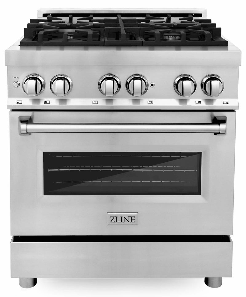 ZLINE 4-Piece Appliance Package - 30-Inch Dual Fuel Range, Refrigerator with Water Dispenser, Convertible Wall Mount Hood, and Microwave Oven in Stainless Steel (4KPRW-RARH30-MWO)