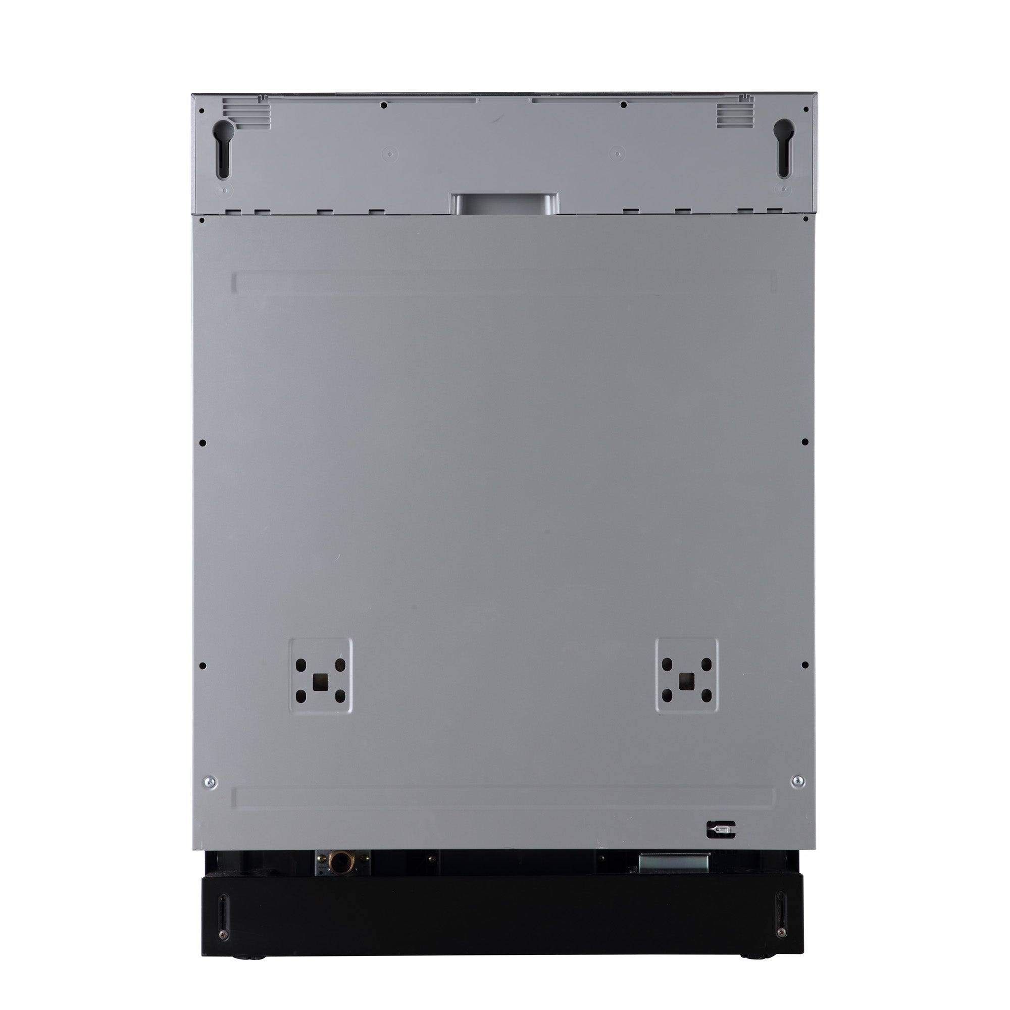 Panel-ready dishwasher back panel with mounting points and black feet
