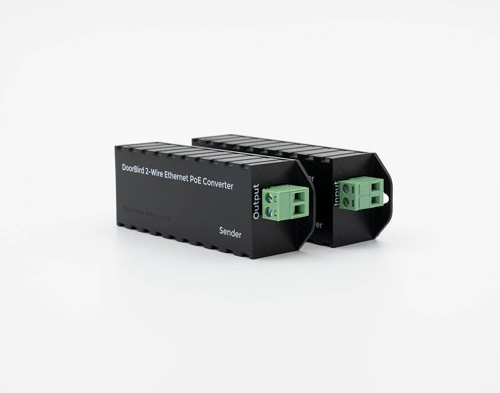 2-Wire Ethernet PoE converter with exposed green screw terminals and RJ45 port