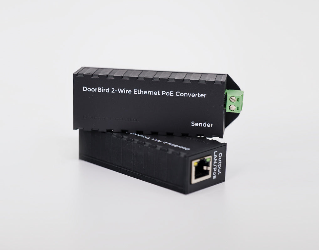 2-Wire Ethernet PoE converter with green terminal block and RJ45 port, top-side view