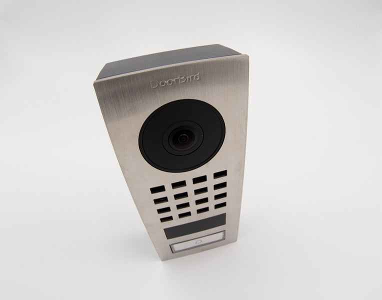 Angled view of stainless steel video intercom showing top camera housing