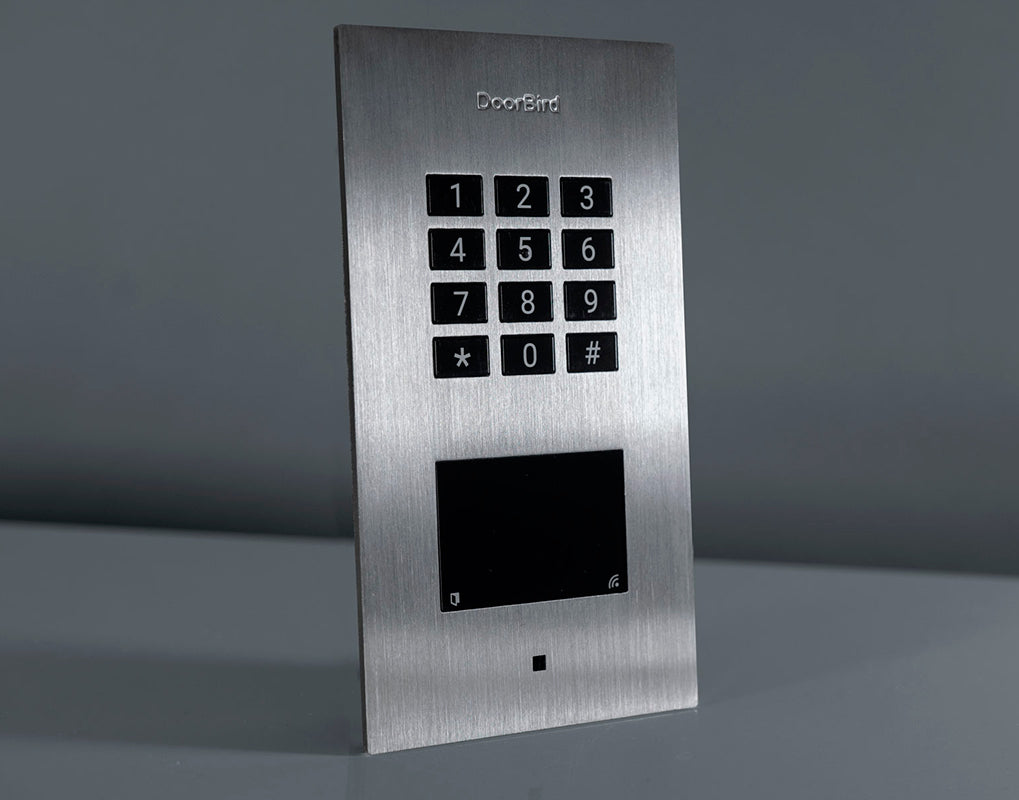 Stainless steel DoorBird access control device with illuminated number pad and display