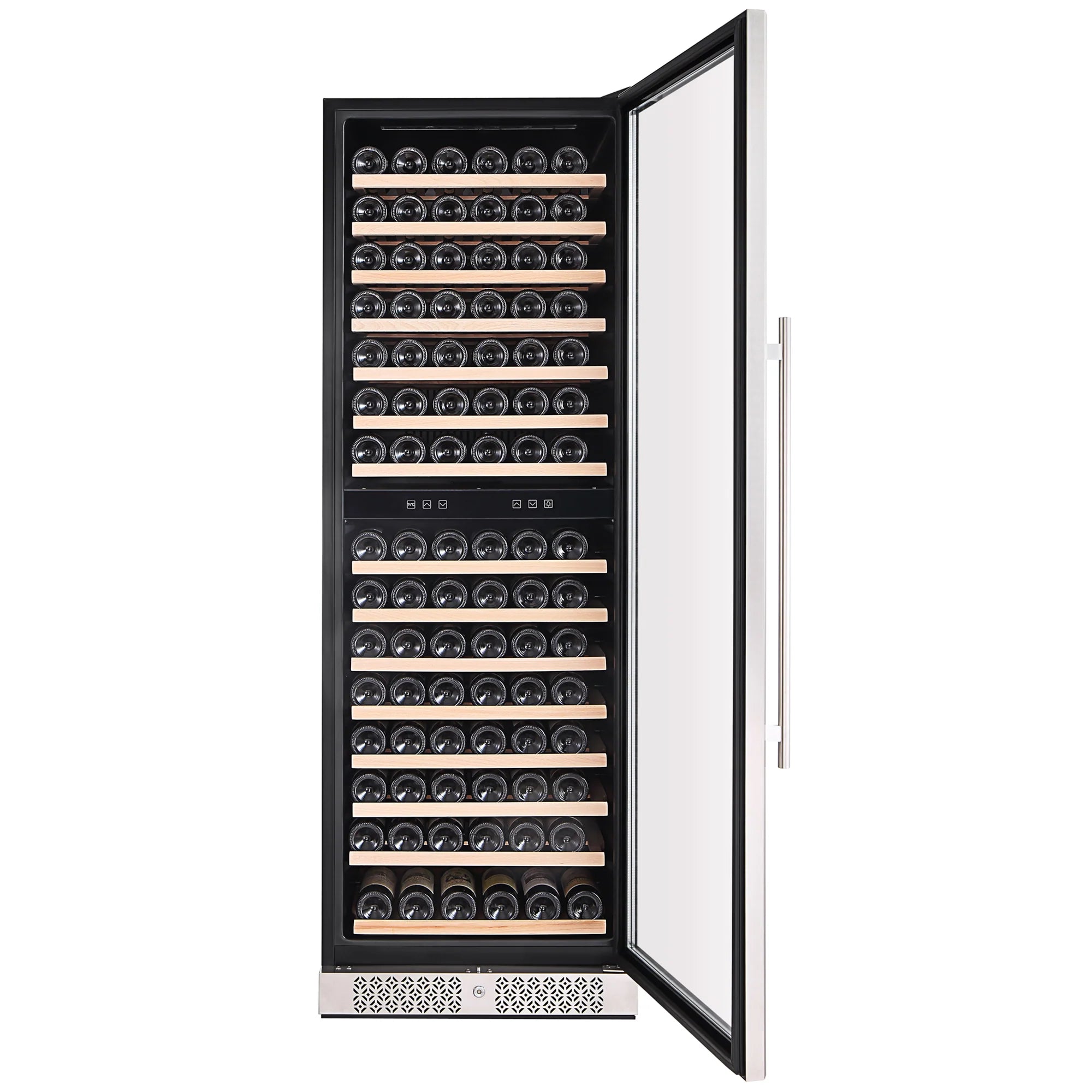 Wine cooler with open door showing interior shelves and bottle rows, black trim