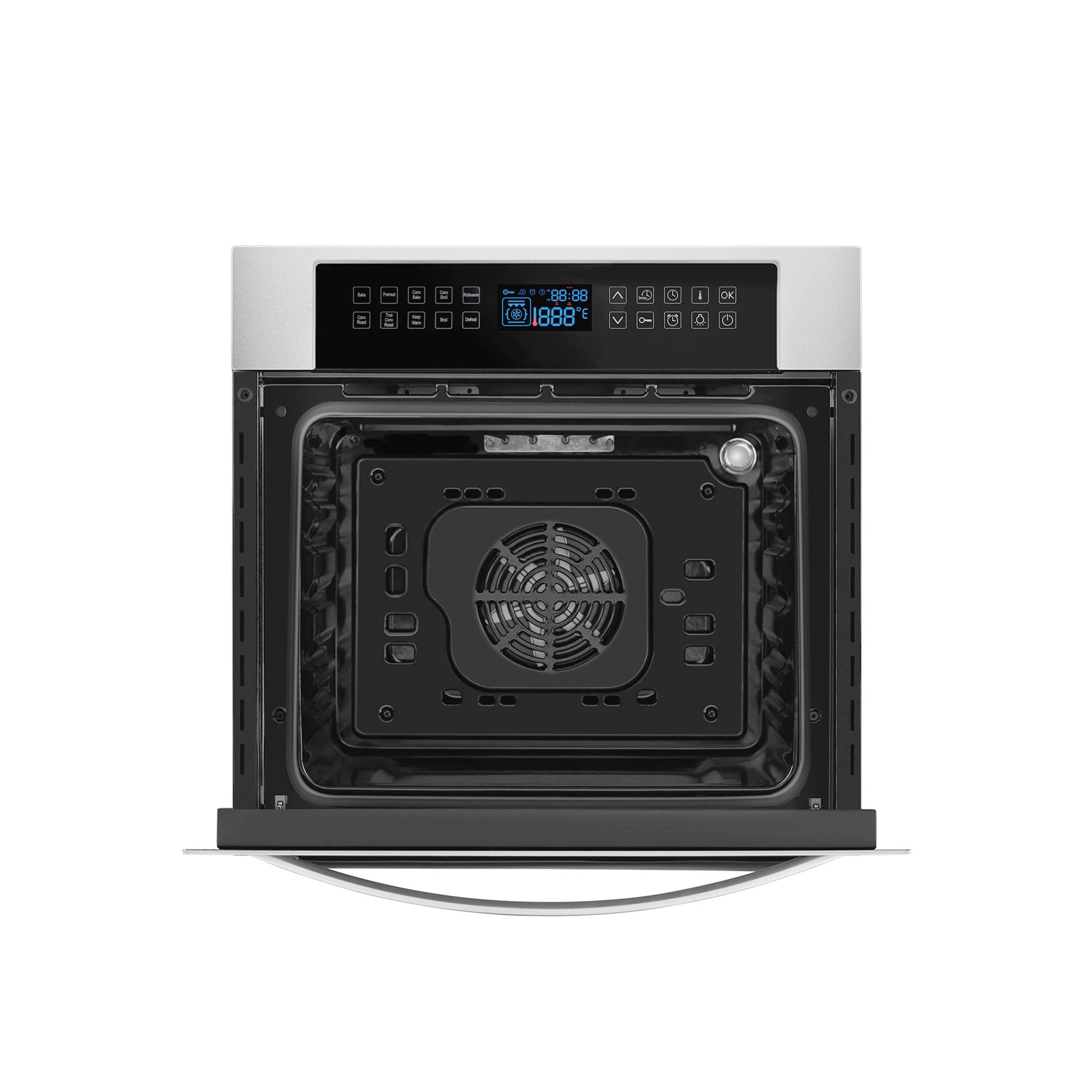 24-inch single electric wall oven with fan and heating elements visible, open door.