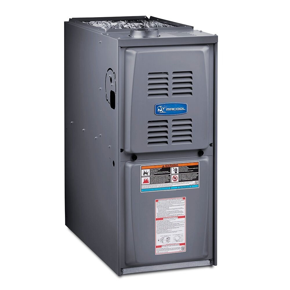 Gray MRCOOL gas furnace cabinet with front vent grilles and control label