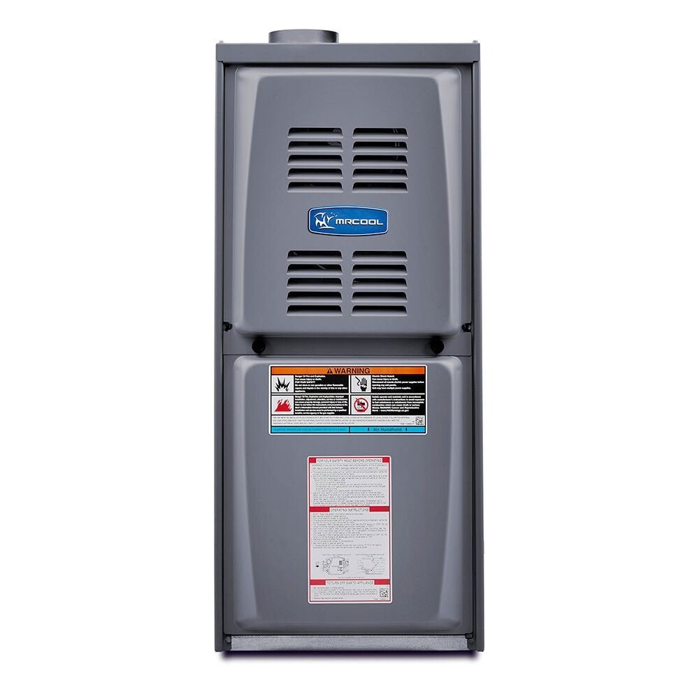Gray MRCOOL gas furnace front panel with intake grilles and safety information labels