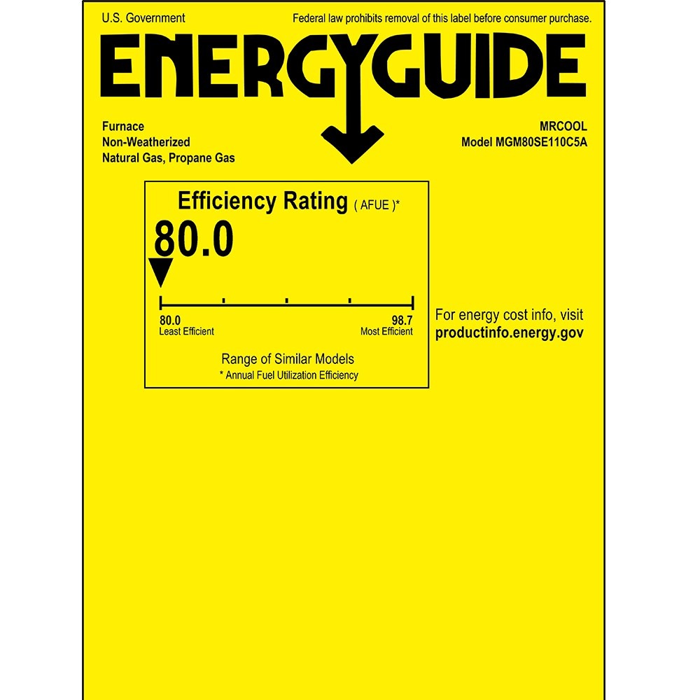ENERGYGUIDE label showing 80.0 AFUE efficiency rating for MRCOOL furnace