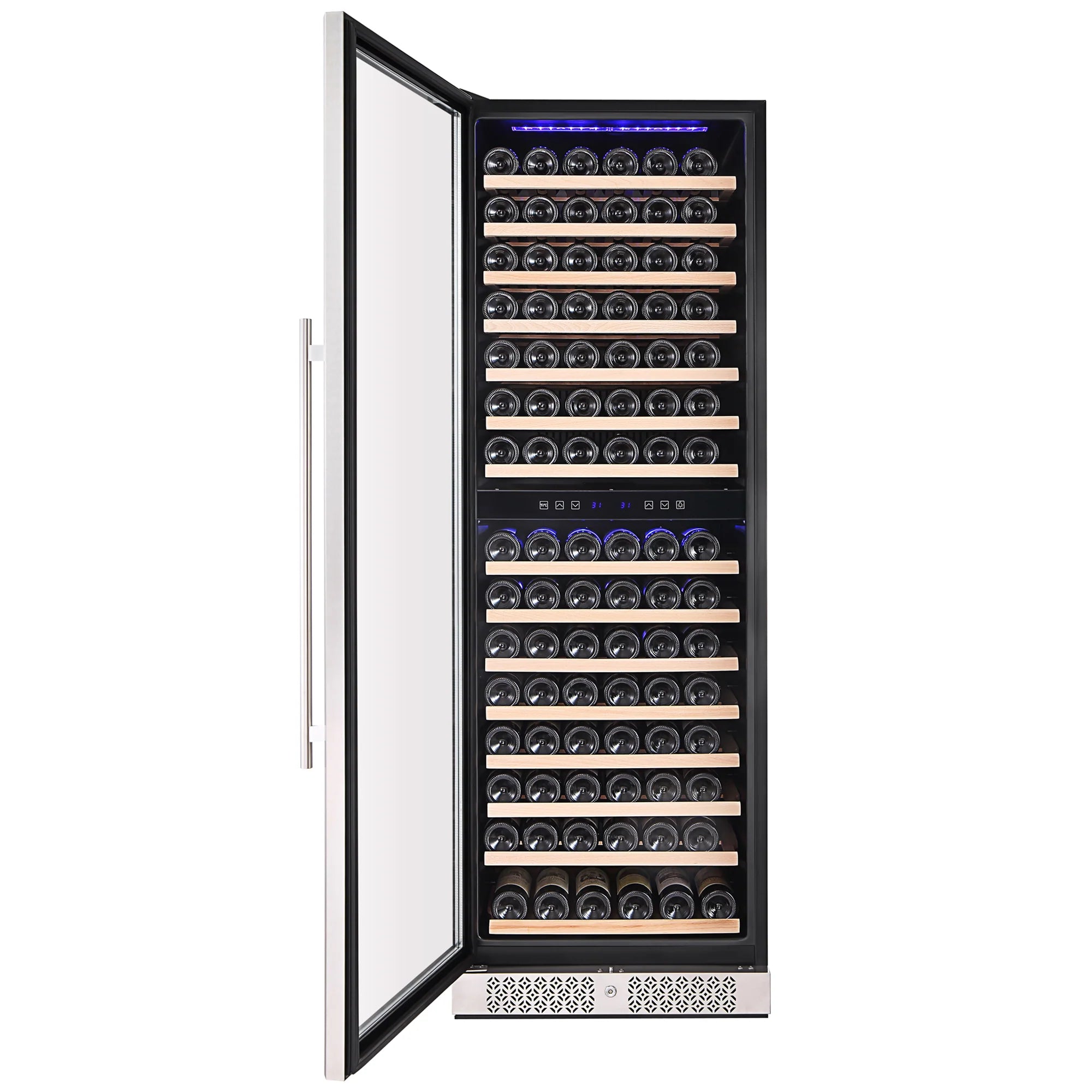 Freestanding wine cooler with open door revealing dual-zone bottle racks and LED controls