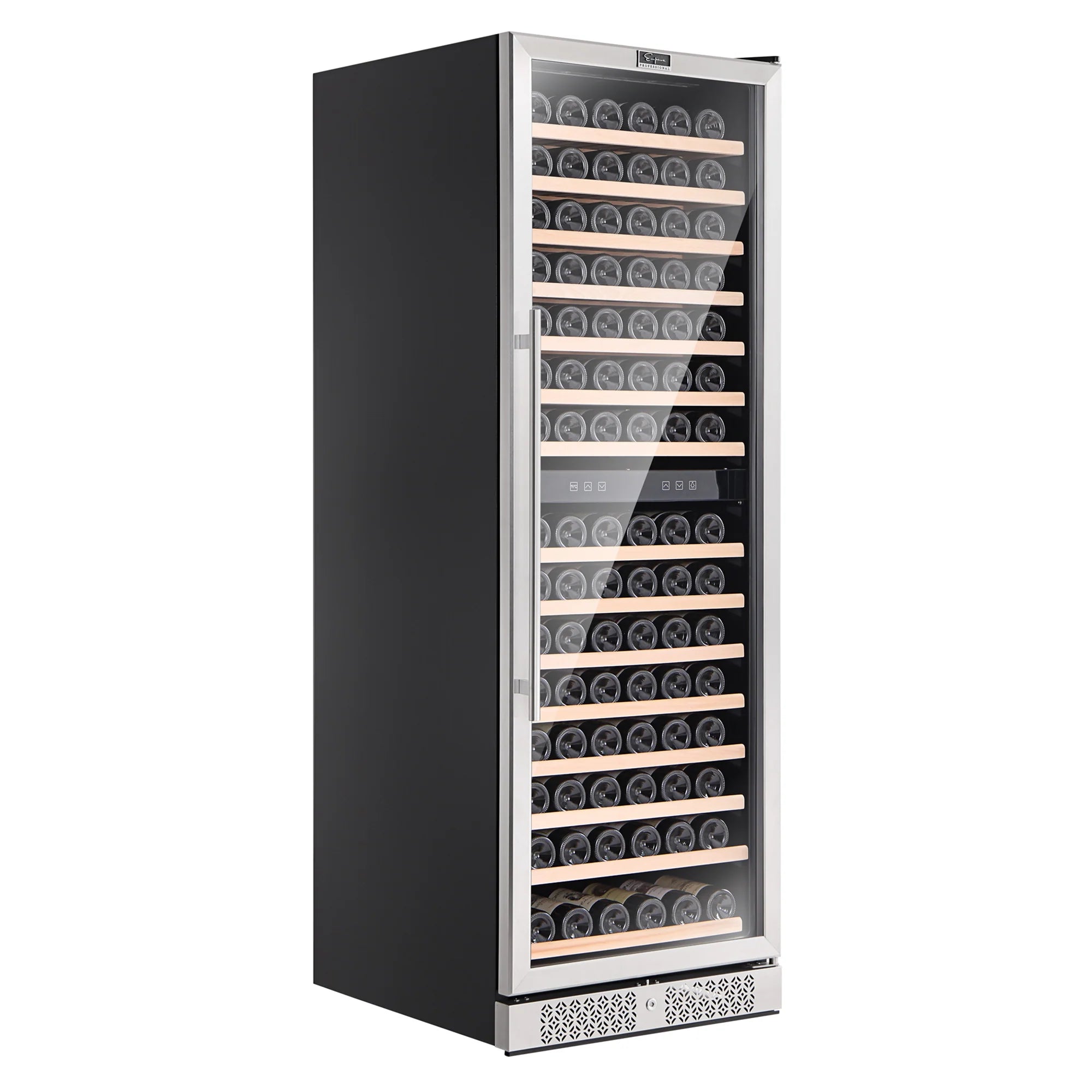 Freestanding wine cooler with left side panel, open interior door, bottle racks inside