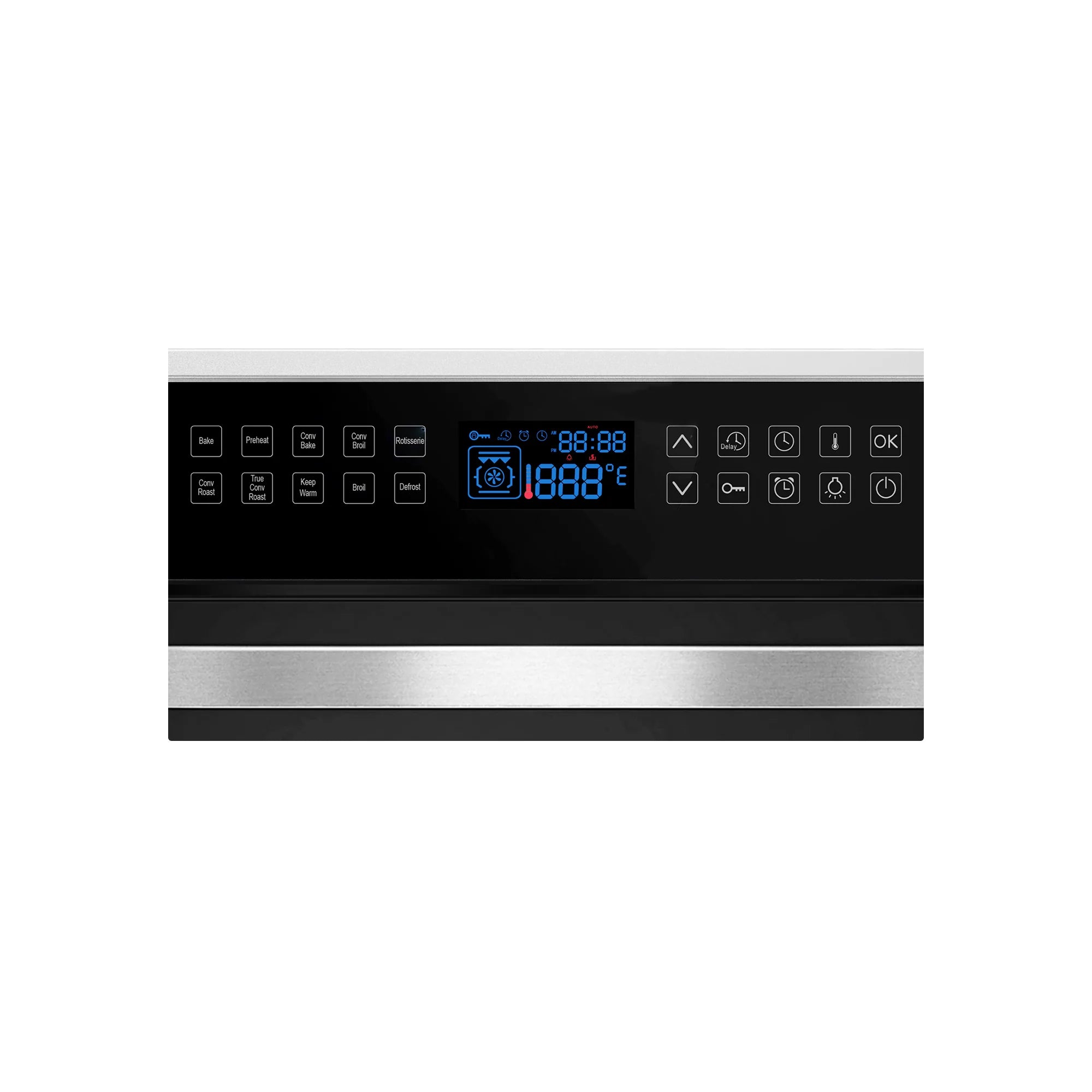 Electric wall oven control panel with blue LED display and button controls.