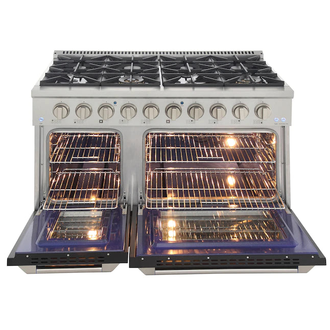 Open dual ovens with wire racks and glowing heating elements inside
