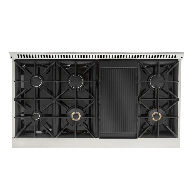 Open cooktop with black grates and central griddle panel between burners