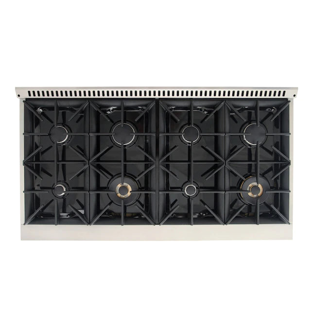 Open cooktop with black burner grates and central griddle insert over bases