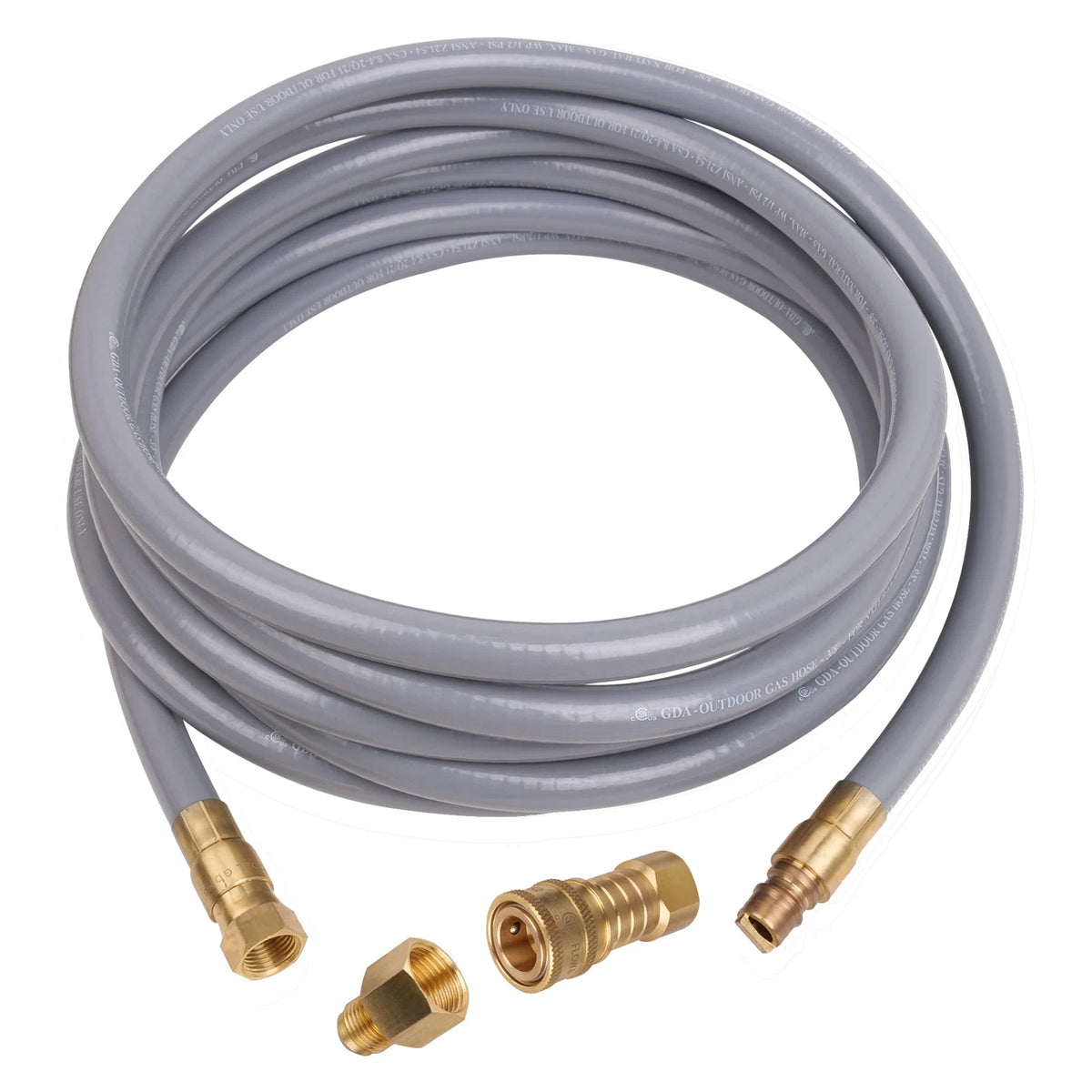 Gas quick-connect hose kit with gray hose and brass fittings, including connector pieces