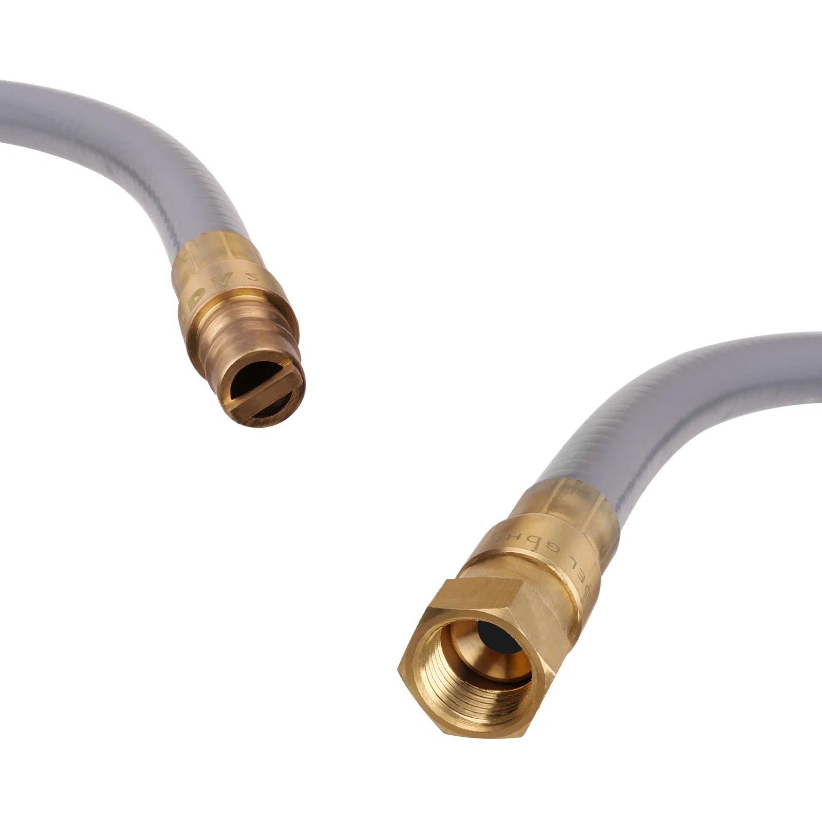 Gas quick-connect hose with brass end couplers and threaded fittings on gray tubing