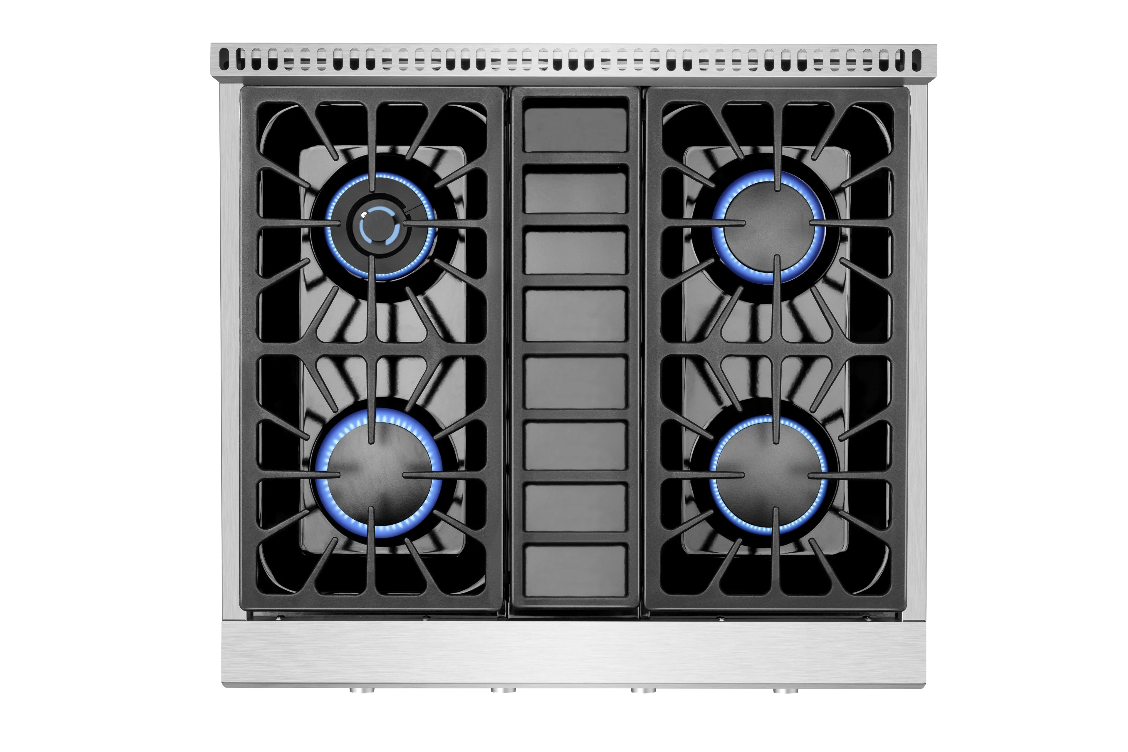 30-inch natural gas cooktop with four burners and blue-lit burner rings