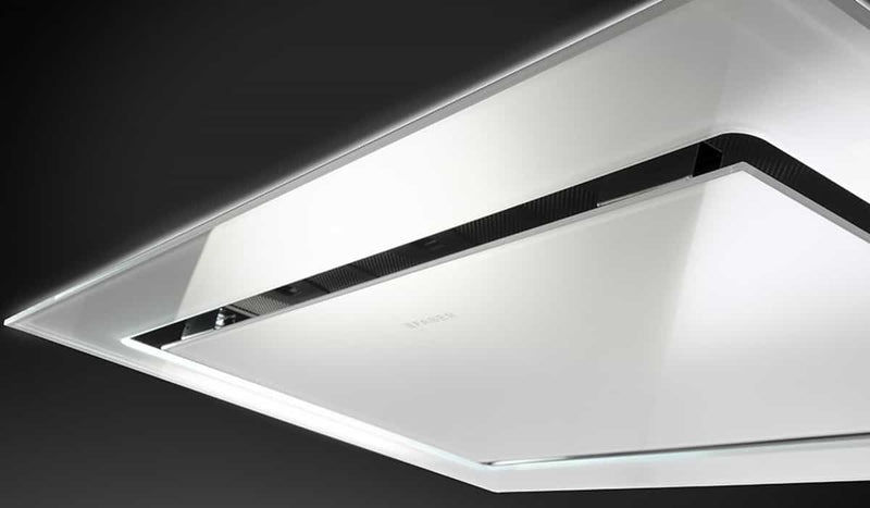Faber 48-Inch Stratus Isola Ceiling Mounted Convertible Range Hood 600 CFM Capable in White Glass (Blower Sold Separately) (STRTIS48WHNB)
