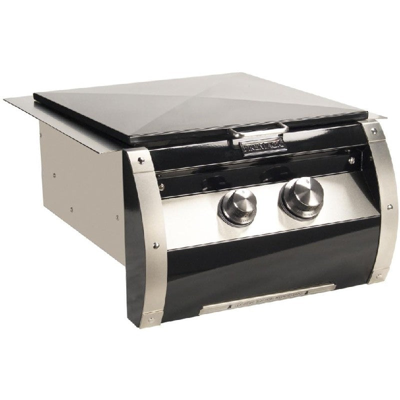 Built-in power burner unit with black lid and two front control knobs, stainless sides