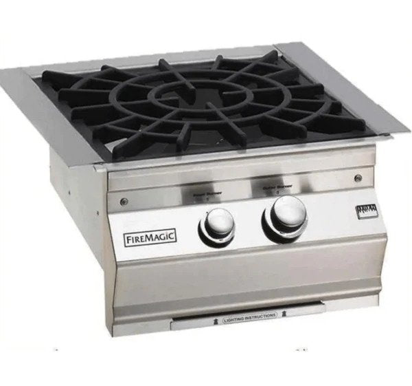 Stainless steel gas burner with black porcelain-coated cast iron grate and two control knobs