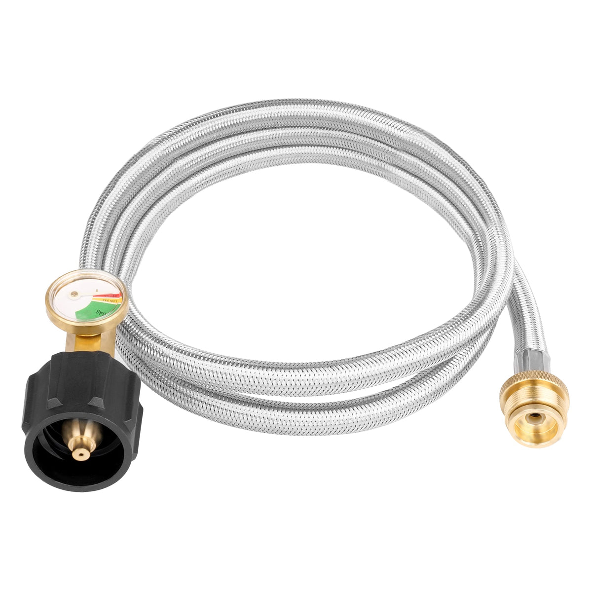 Braided stainless steel propane hose with brass fittings, gauge, and black connector