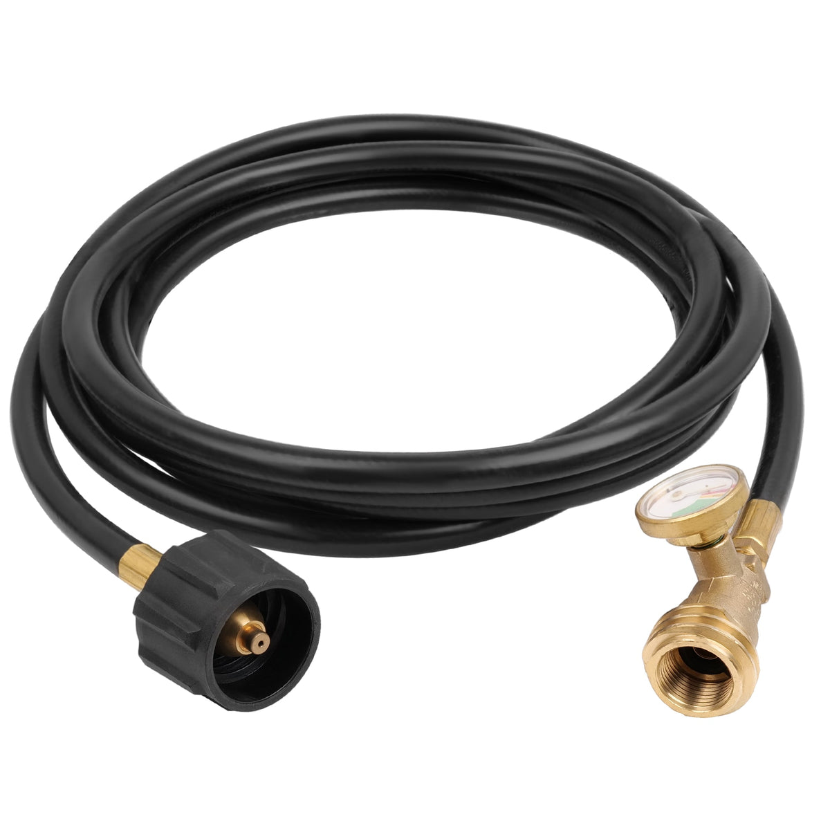 Propane extension hose with black hose and brass fittings, gauge and black connector