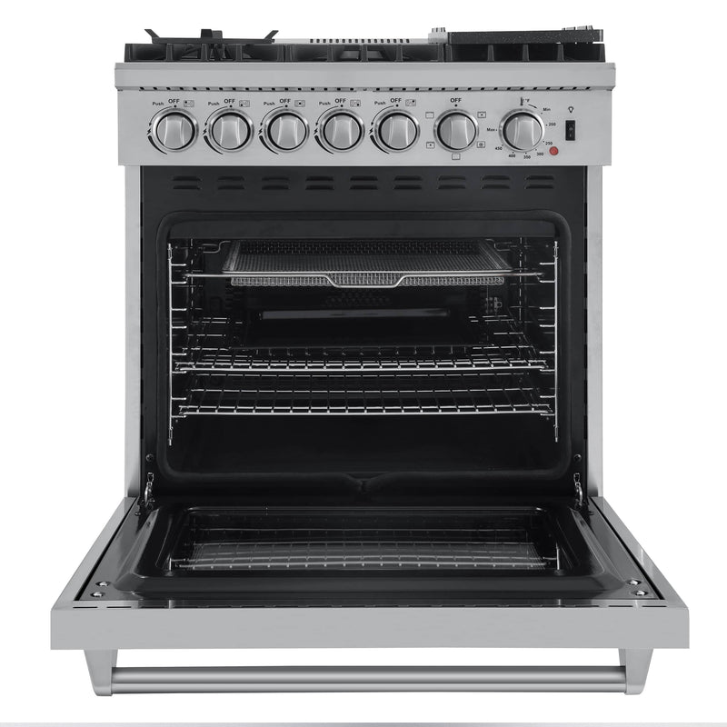 Forno 5-Piece Appliance Package - 30-Inch Dual Fuel Range with Air Fryer, Refrigerator with Water Dispenser, Wall Mount Hood with Backsplash, Microwave Drawer, & 3-Rack Dishwasher in Stainless Steel