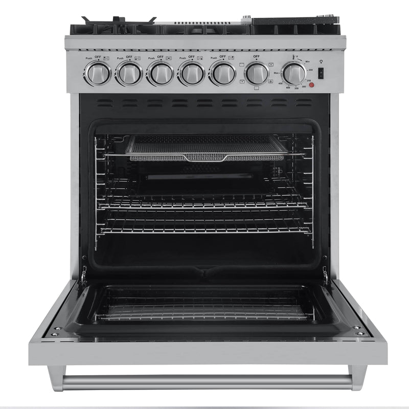 Forno 4-Piece Appliance Package - 30-Inch Dual Fuel Range with Air Fryer, Refrigerator, Wall Mount Hood, & 3-Rack Dishwasher in Stainless Steel
