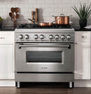 ZLINE 5-Piece Appliance Package - 36-Inch Dual Fuel Range, Refrigerator with Water Dispenser, Convertible Wall Mount Hood, Microwave Drawer, and 3-Rack Dishwasher in Stainless Steel (5KPRW-RARH36-MWDWV)