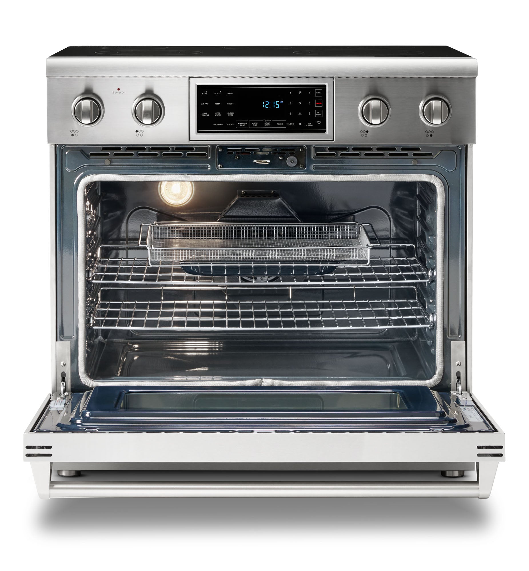 Stainless steel electric range with open oven door and wire rack on interior