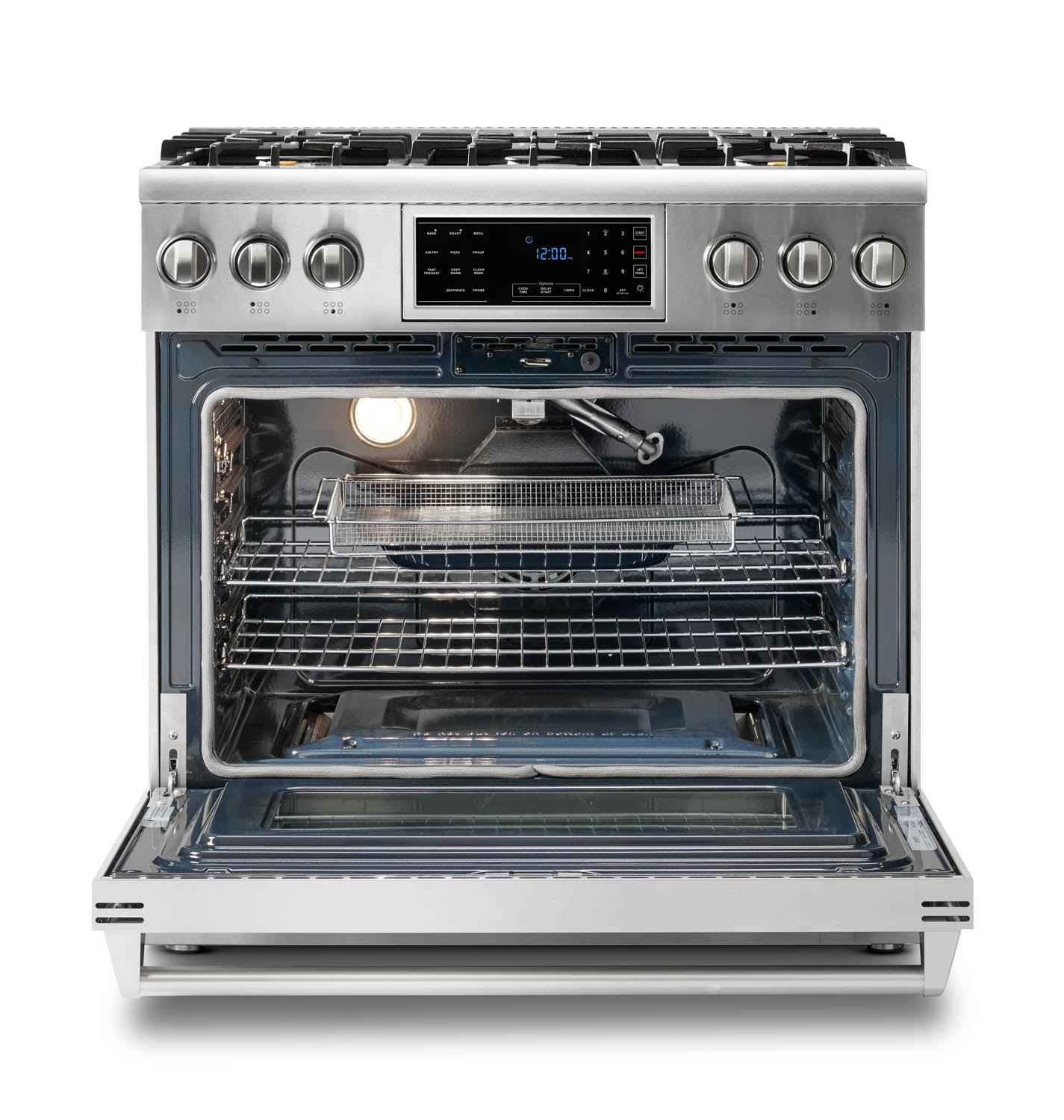 Stainless steel gas range with oven door open and interior racks visible