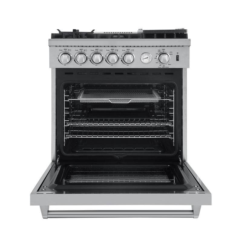 Forno 4-Piece Appliance Package - 30-Inch Gas Range with Air Fryer, Refrigerator, Wall Mount Hood with Backsplash, & 3-Rack Dishwasher in Stainless Steel