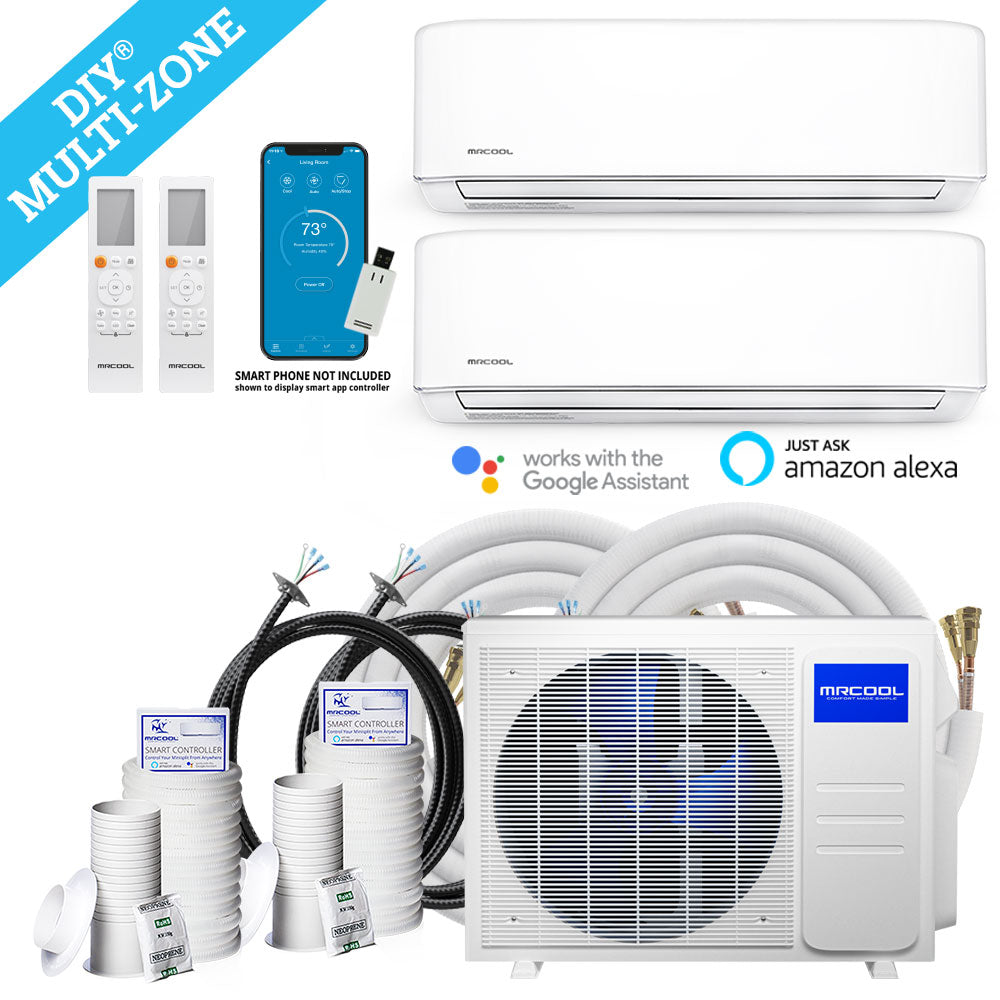 MRCOOL multi-zone ductless mini split set with two indoor units, outdoor unit, and accessories