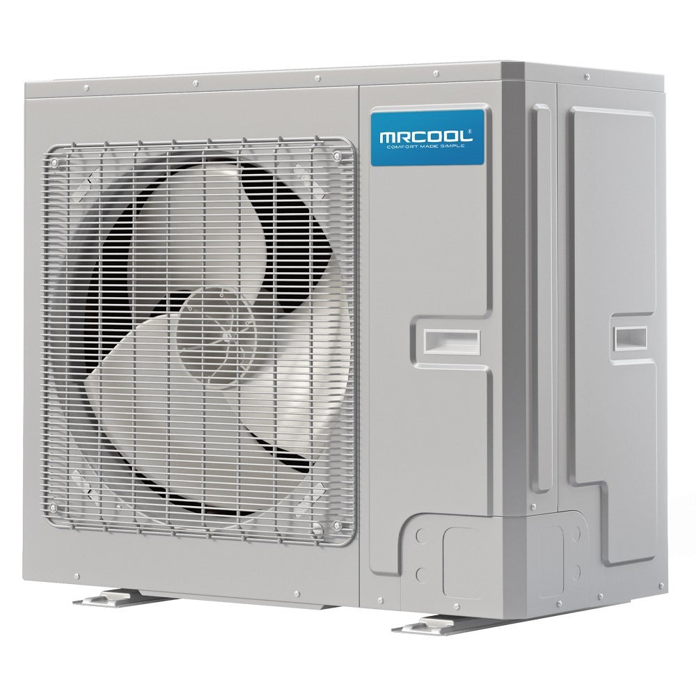 MRCOOL outdoor A/C inverter condenser angled side view with front fan grille