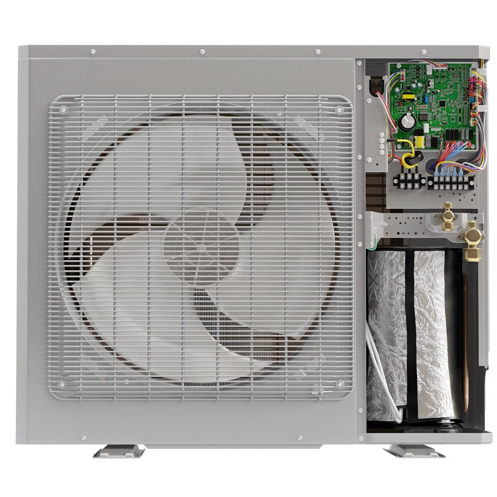 MRCOOL outdoor A/C inverter condenser with open wiring board and insulated refrigerant lines
