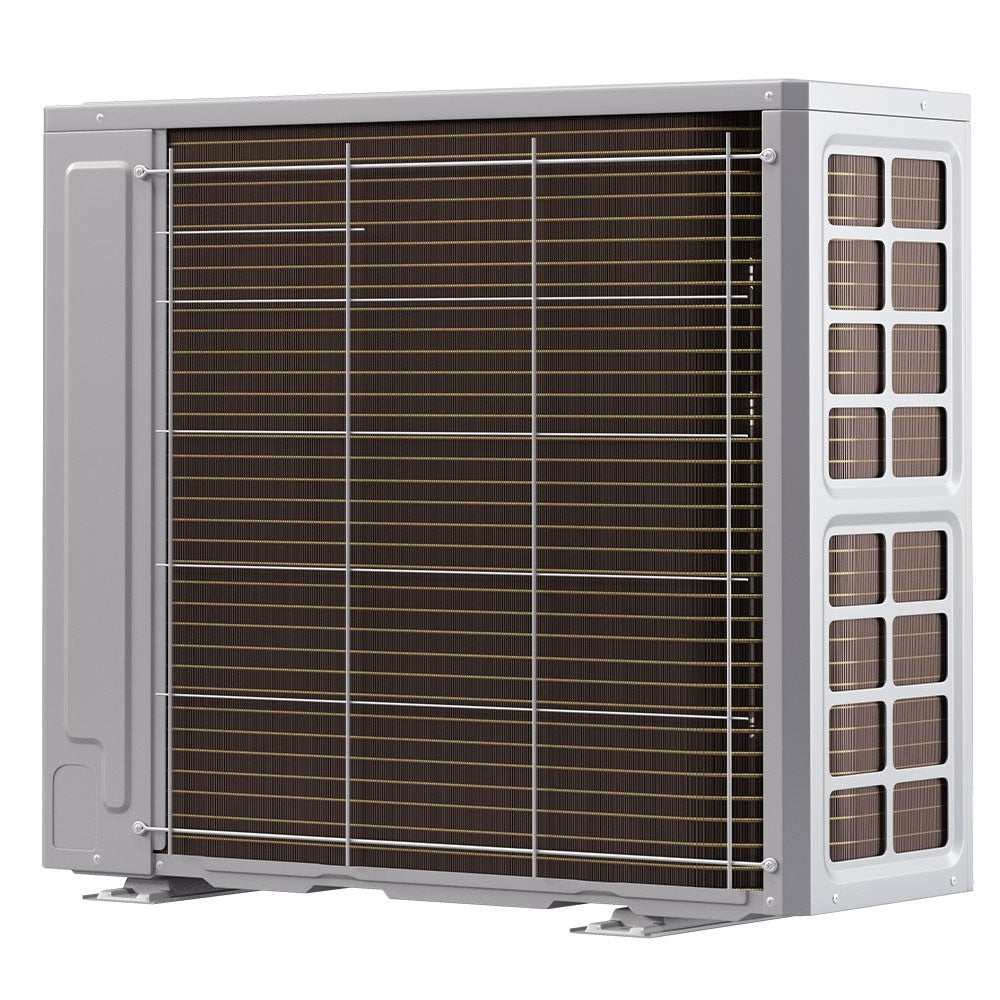 MRCOOL heat pump condenser outdoor unit with open rear coil and side service panel