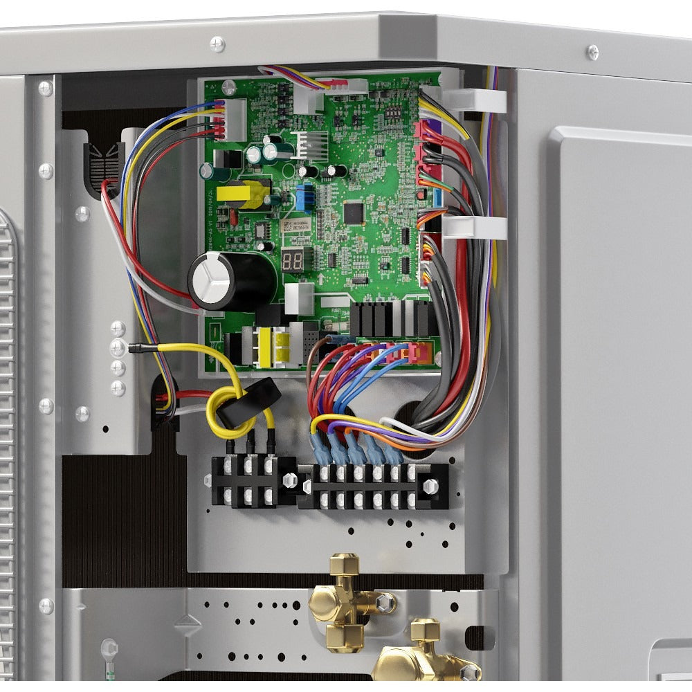 MRCOOL heat pump condenser control board with colorful wiring and capacitors