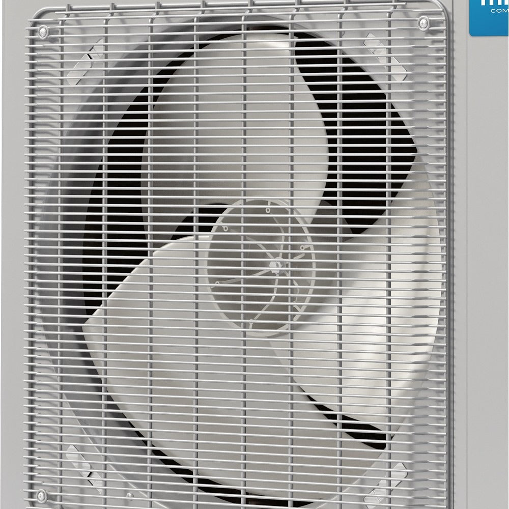 MRCOOL heat pump condenser fan behind protective grille, close-up