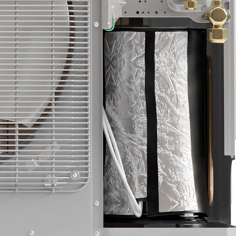 MRCOOL heat pump condenser internal refrigeration component with insulated lining and fittings