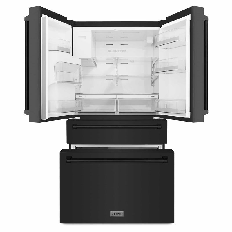 ZLINE 5-Piece Appliance Package - 36-Inch Gas Range, Refrigerator with Water Dispenser, Convertible Wall Mount Hood, Microwave Drawer, and 3-Rack Dishwasher in Black Stainless Steel (5KPRW-RGBRH36-MWDWV)