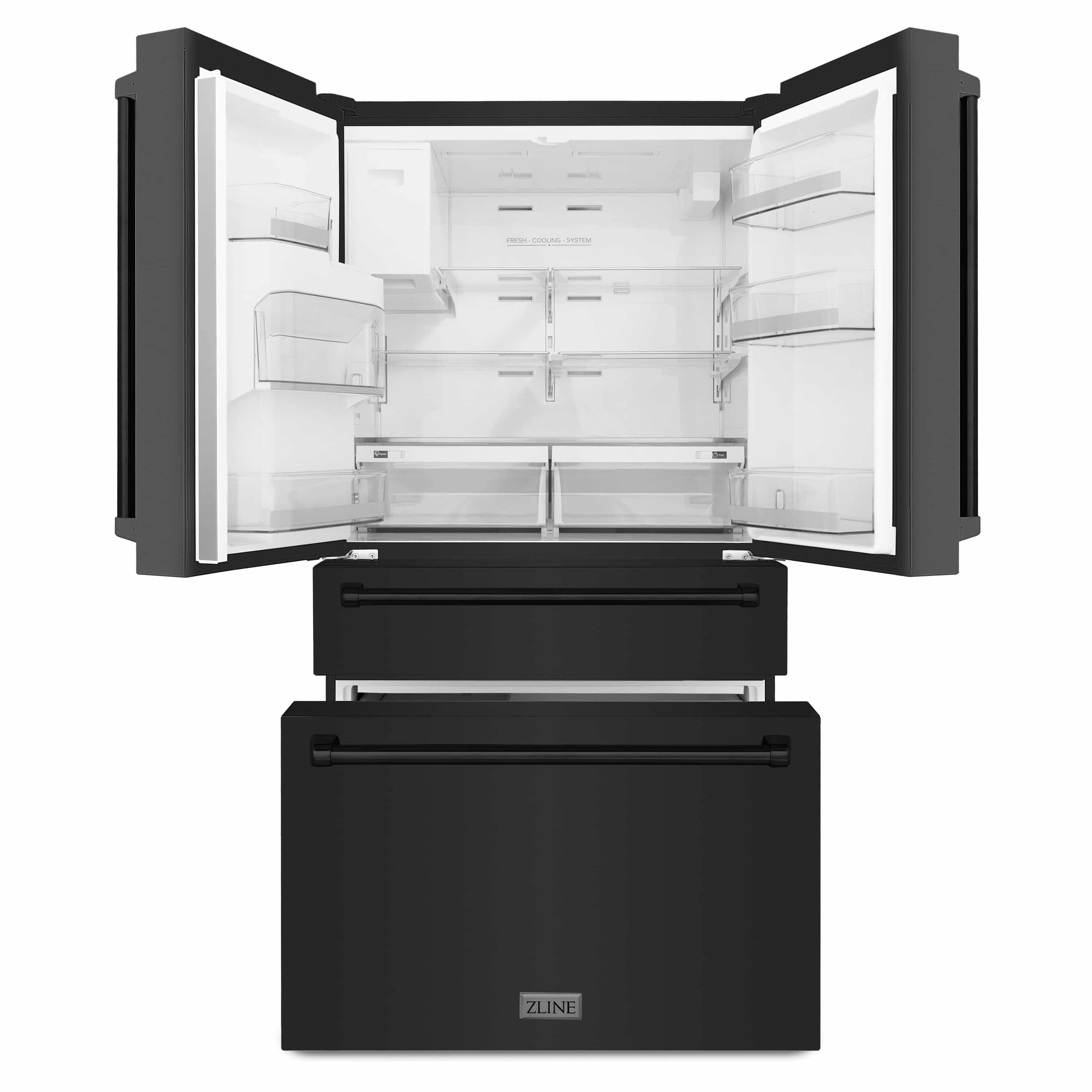 Black stainless steel refrigerator with open double doors and pull-out freezer drawers