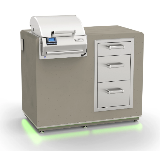 Gray electric grill island with triple drawers, white hood, control panel, silver drawer handles