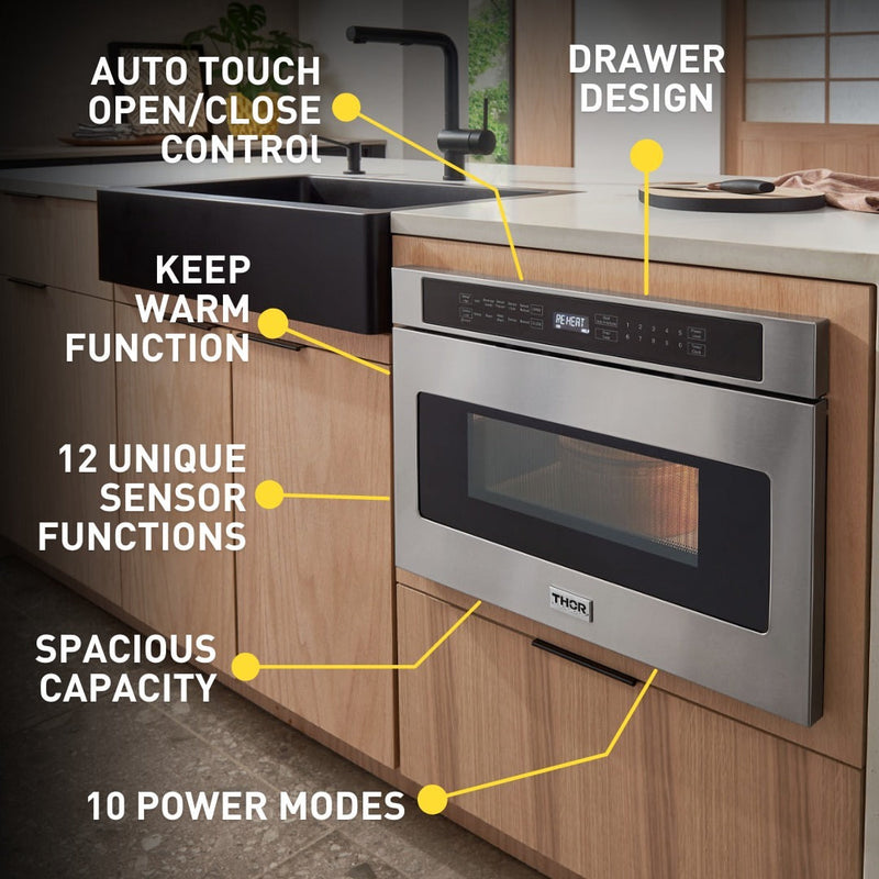 Thor Kitchen A-Series 5-Piece Appliance Package - 48-Inch Gas Range, Pro-Style Wall Mount Range Hood, Refrigerator, Dishwasher, and Microwave in Stainless Steel