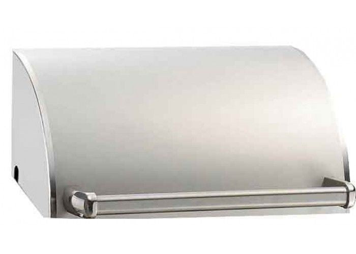 Fire Magic stainless oven hood with front handle bar and open bottom