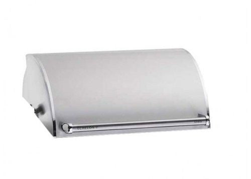 Stainless steel oven hood with curved front and front vent bar