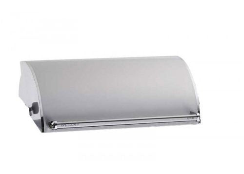 Light gray metal oven hood lid with front latch bar and curved top