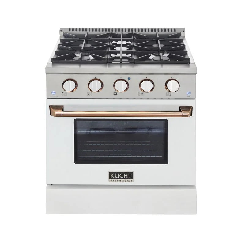 White gas range with five burners and dark oven window, gold handle bar